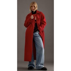 Anthropologie Coat Womens 10 Red Wool Blend Belted‎ Wrap Long Maxi Trench